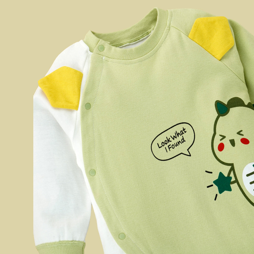 Green Star Dino full sleeves jumpsuit style Romper for Tiny Toddlers