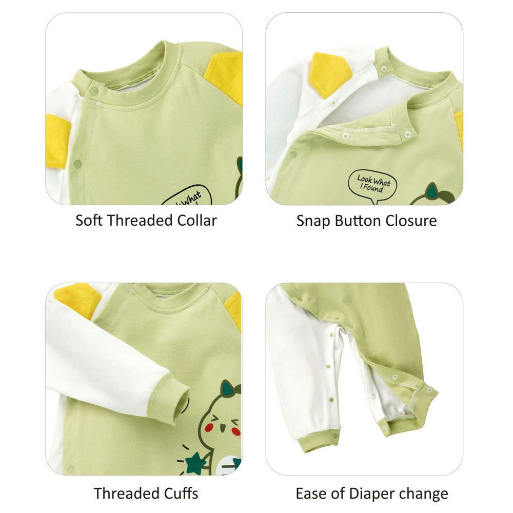 Green Star Dino full sleeves jumpsuit style Romper for Tiny Toddlers