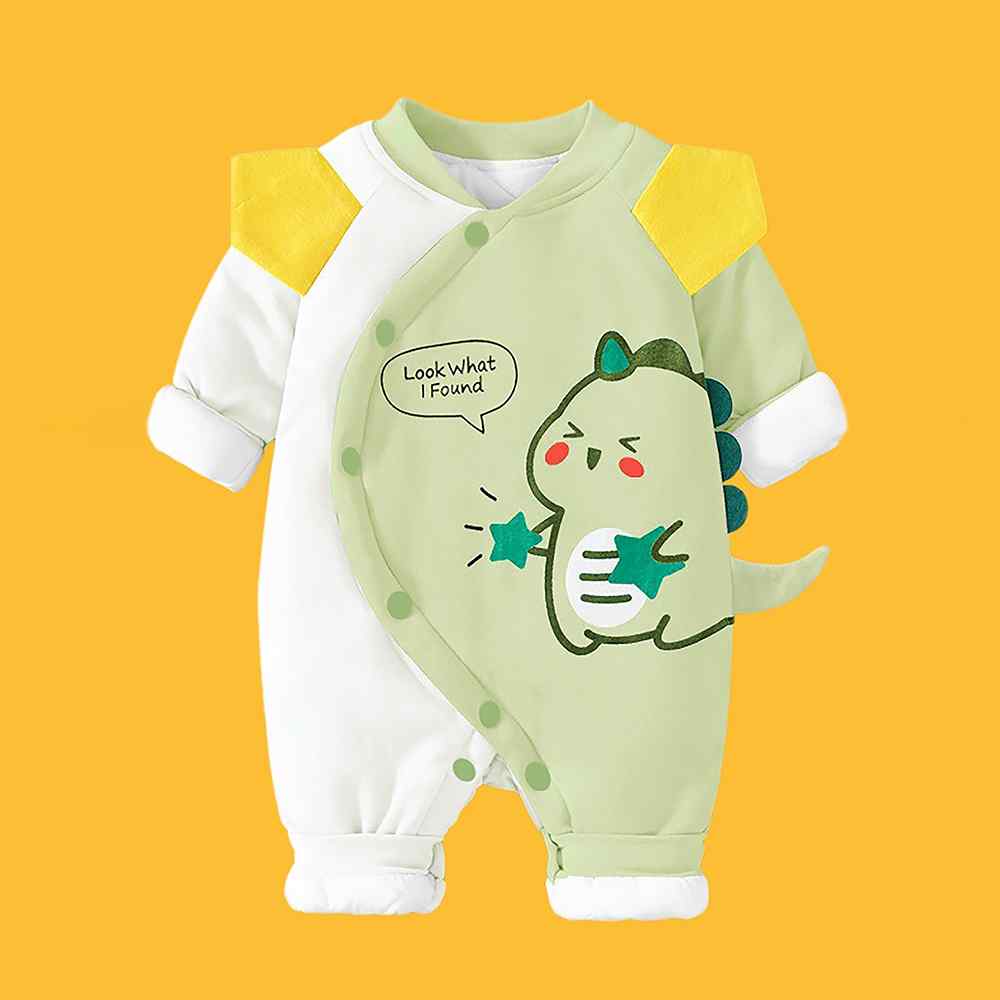 Green Star Dino full sleeves jumpsuit style Romper for Tiny Toddlers