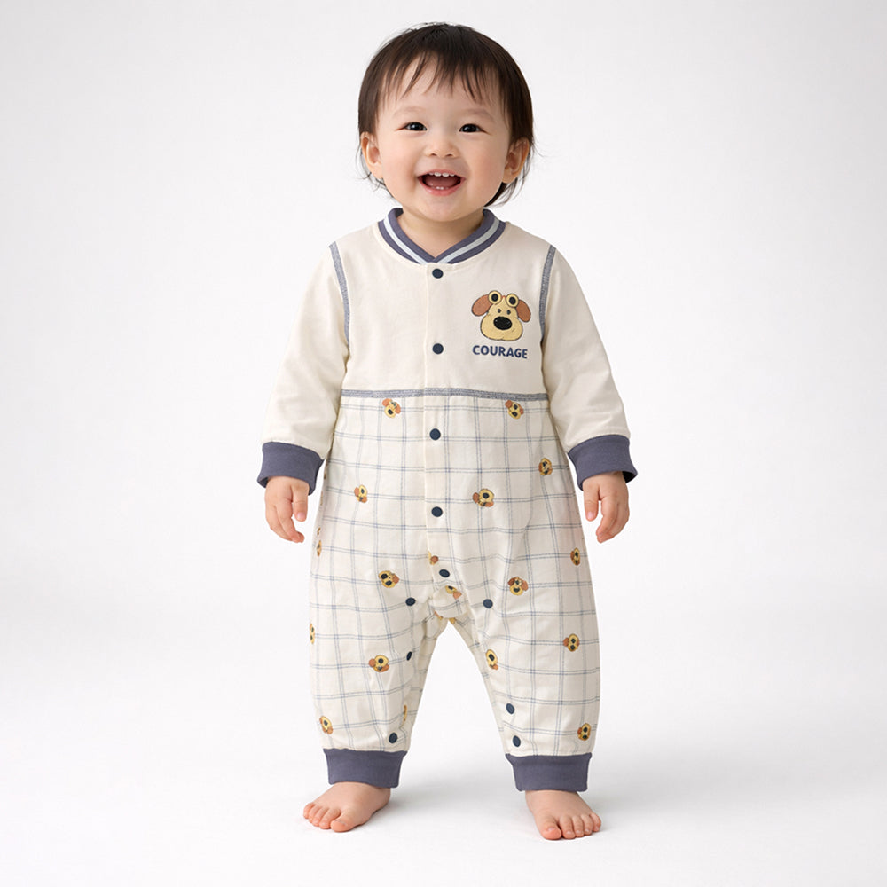 Grey Courage Puppy Varsity Style, Full Sleeves Jumpsuit Romper for Tiny Toddlers