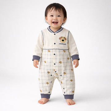 Grey Courage Puppy Varsity Style, Full Sleeves Jumpsuit Romper for Tiny Toddlers