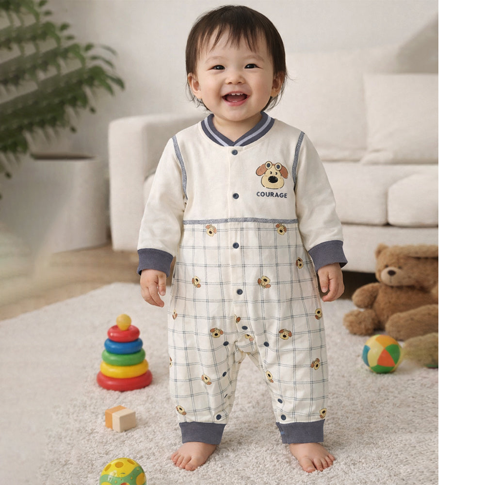 Grey Courage Puppy Varsity Style, Full Sleeves Jumpsuit Romper for Tiny Toddlers