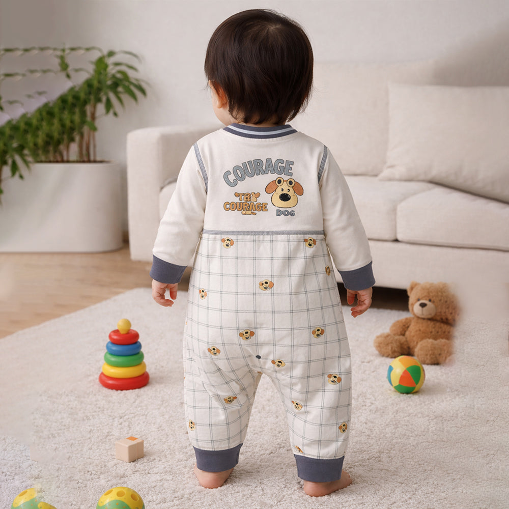 Grey Courage Puppy Varsity Style, Full Sleeves Jumpsuit Romper for Tiny Toddlers