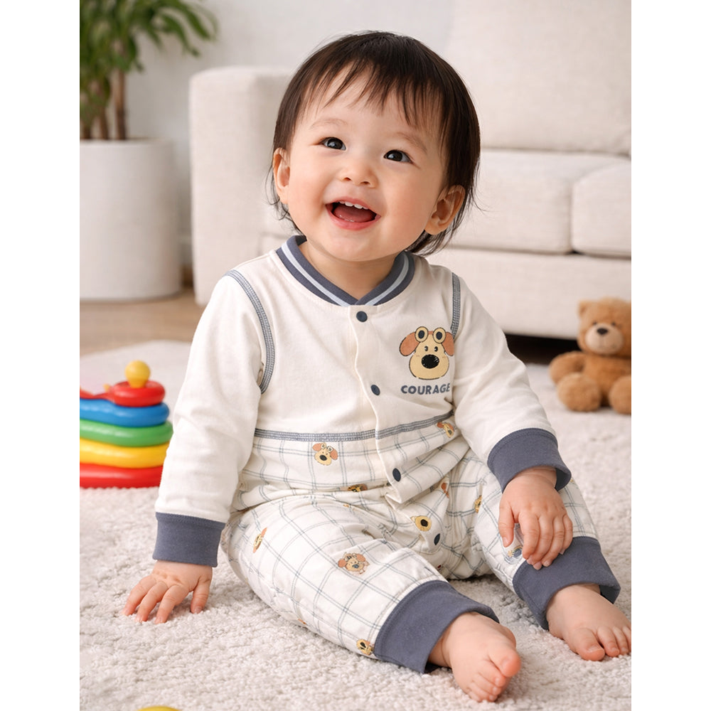 Grey Courage Puppy Varsity Style, Full Sleeves Jumpsuit Romper for Tiny Toddlers