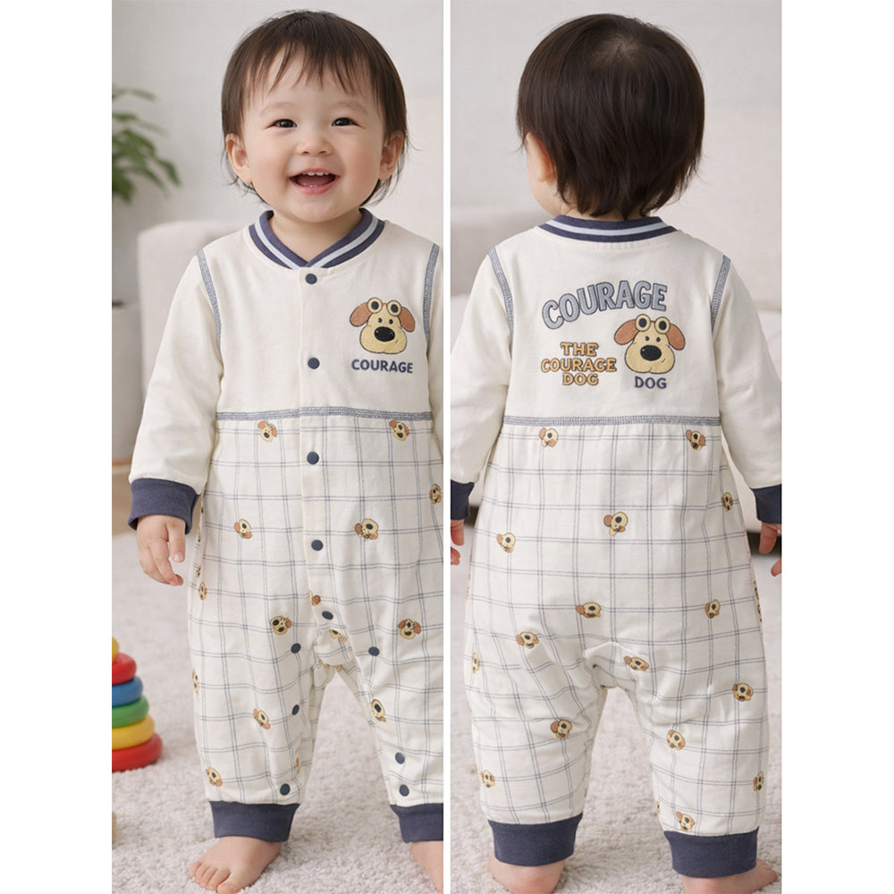 Grey Courage Puppy Varsity Style, Full Sleeves Jumpsuit Romper for Tiny Toddlers