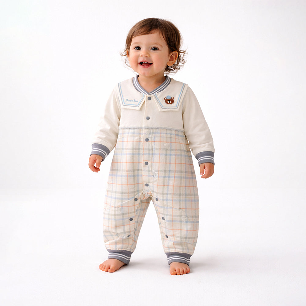 Grey and Cream Sailor Collar Brave Bear Full Sleeves Jumpsuit Romper for Tiny Toddlers