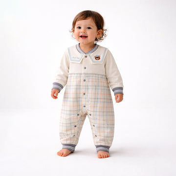 Grey and Cream Sailor Collar Brave Bear Full Sleeves Jumpsuit Romper for Tiny Toddlers