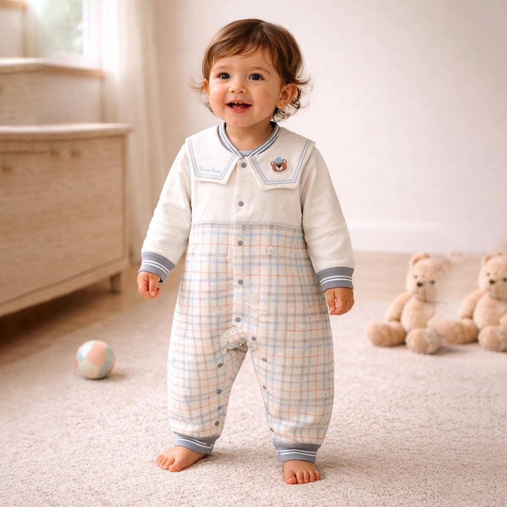 Grey and Cream Sailor Collar Brave Bear Full Sleeves Jumpsuit Romper for Tiny Toddlers