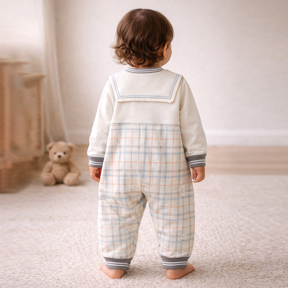 Grey and Cream Sailor Collar Brave Bear Full Sleeves Jumpsuit Romper for Tiny Toddlers