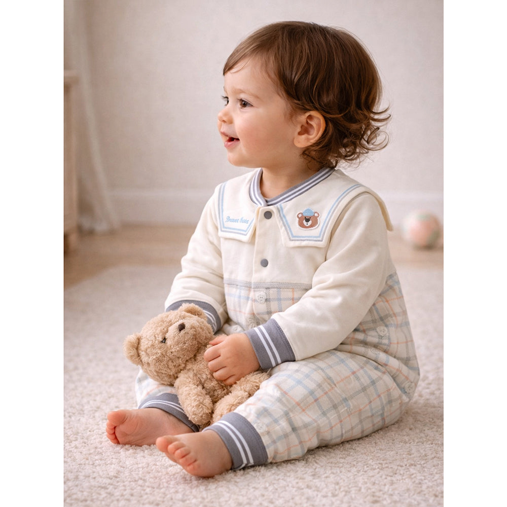 Grey and Cream Sailor Collar Brave Bear Full Sleeves Jumpsuit Romper for Tiny Toddlers