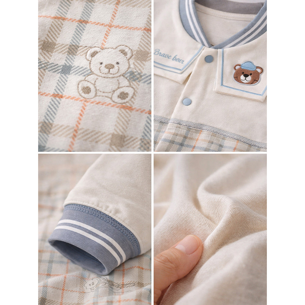 Grey and Cream Sailor Collar Brave Bear Full Sleeves Jumpsuit Romper for Tiny Toddlers