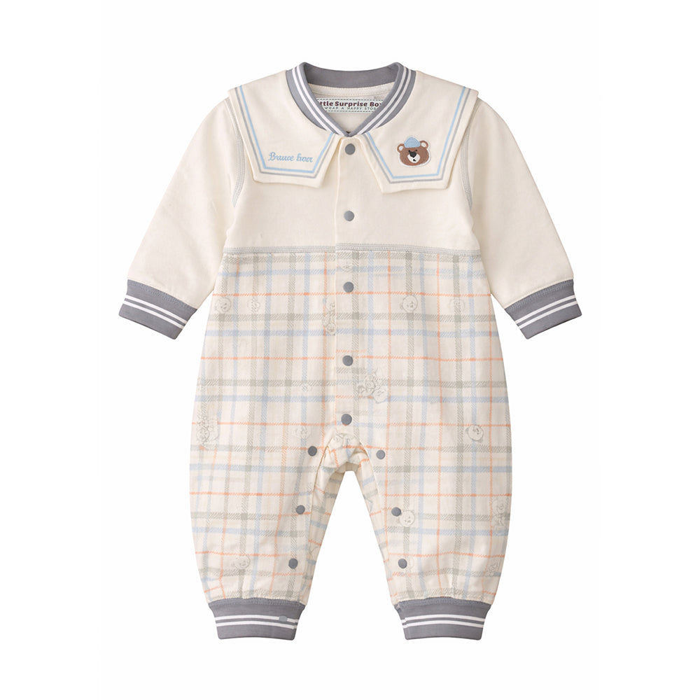 Grey and Cream Sailor Collar Brave Bear Full Sleeves Jumpsuit Romper for Tiny Toddlers