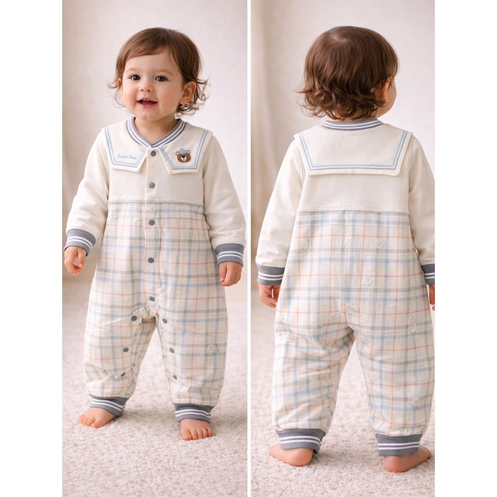 Grey and Cream Sailor Collar Brave Bear Full Sleeves Jumpsuit Romper for Tiny Toddlers
