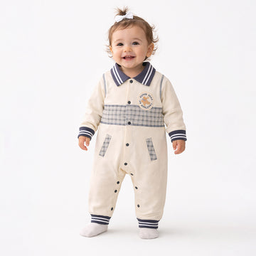 Grey Striped Collar, Full Sleeves Jumpsuit Romper for Tiny Toddlers