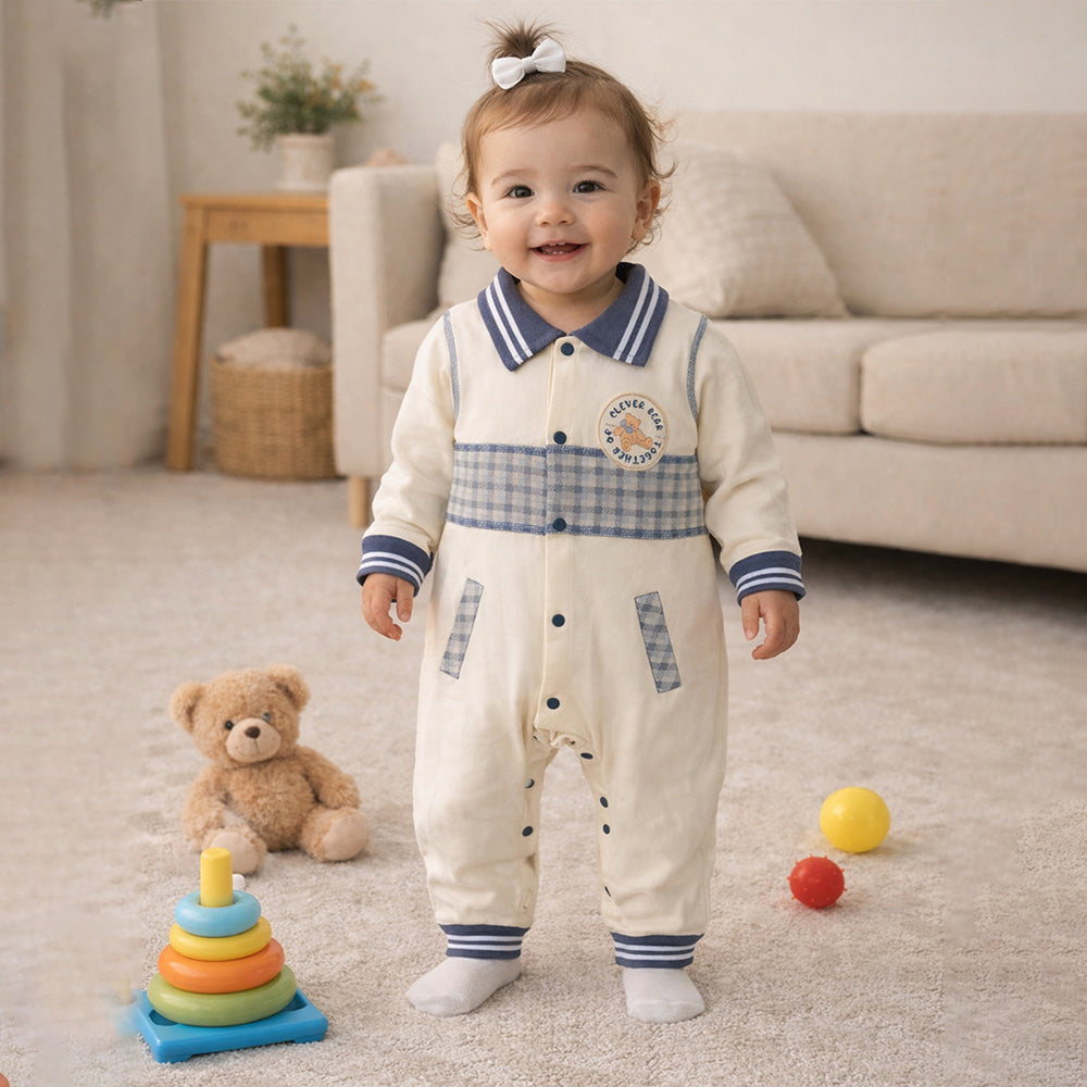 Grey Striped Collar, Full Sleeves Jumpsuit Romper for Tiny Toddlers