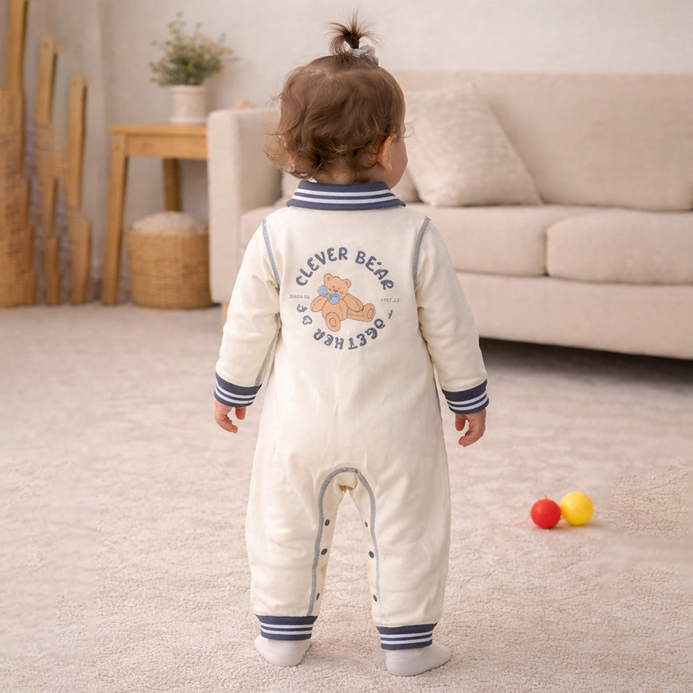 Grey Striped Collar, Full Sleeves Jumpsuit Romper for Tiny Toddlers