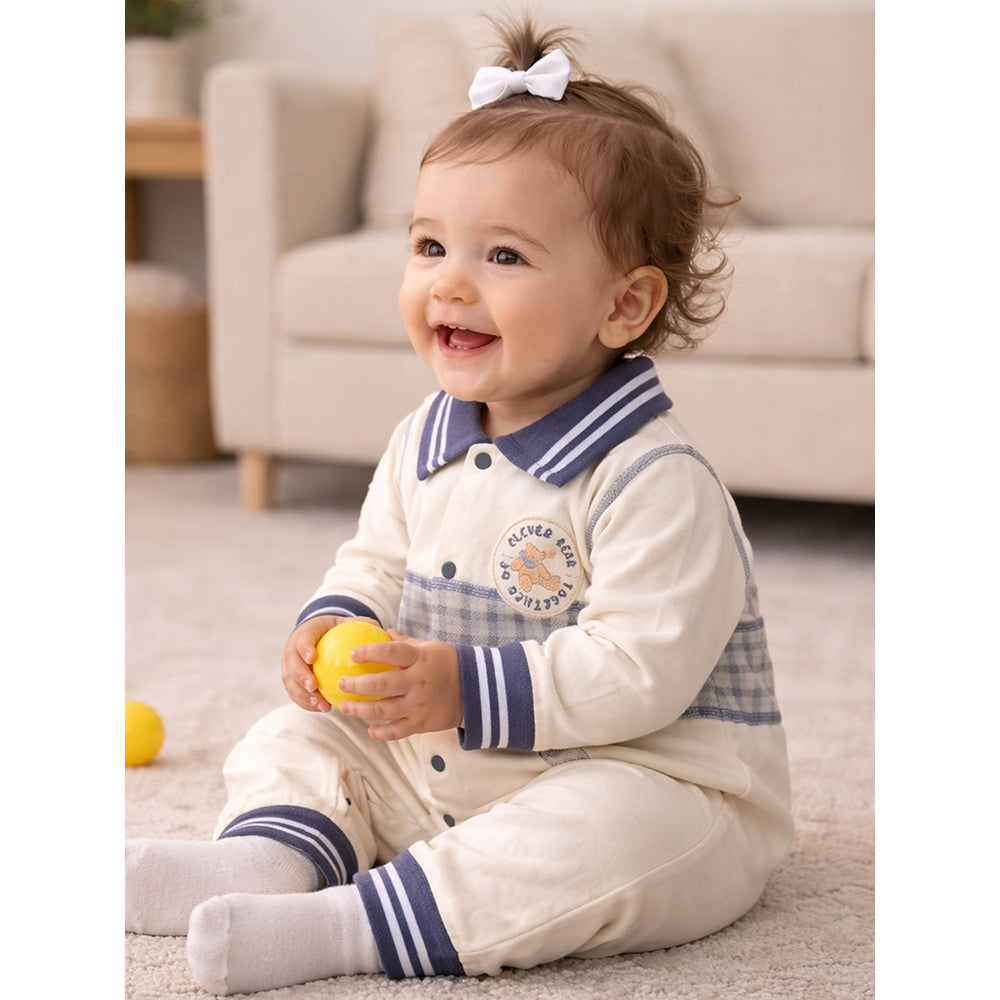 Grey Striped Collar, Full Sleeves Jumpsuit Romper for Tiny Toddlers
