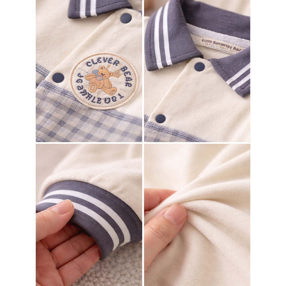 Grey Striped Collar, Full Sleeves Jumpsuit Romper for Tiny Toddlers