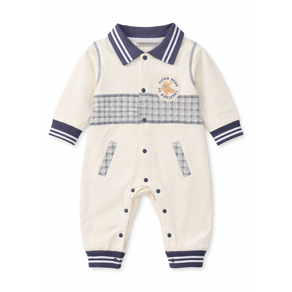 Grey Striped Collar, Full Sleeves Jumpsuit Romper for Tiny Toddlers
