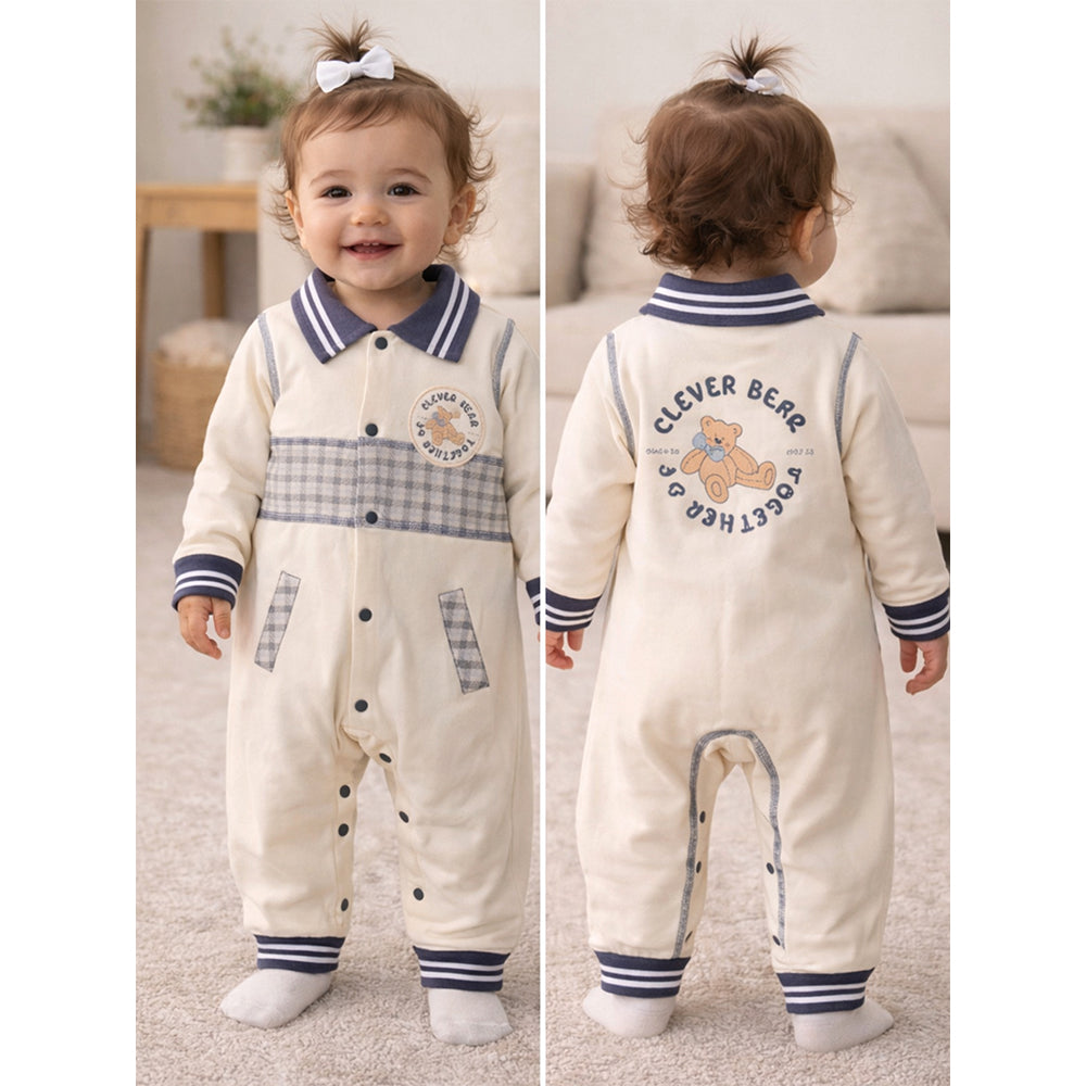Grey Striped Collar, Full Sleeves Jumpsuit Romper for Tiny Toddlers