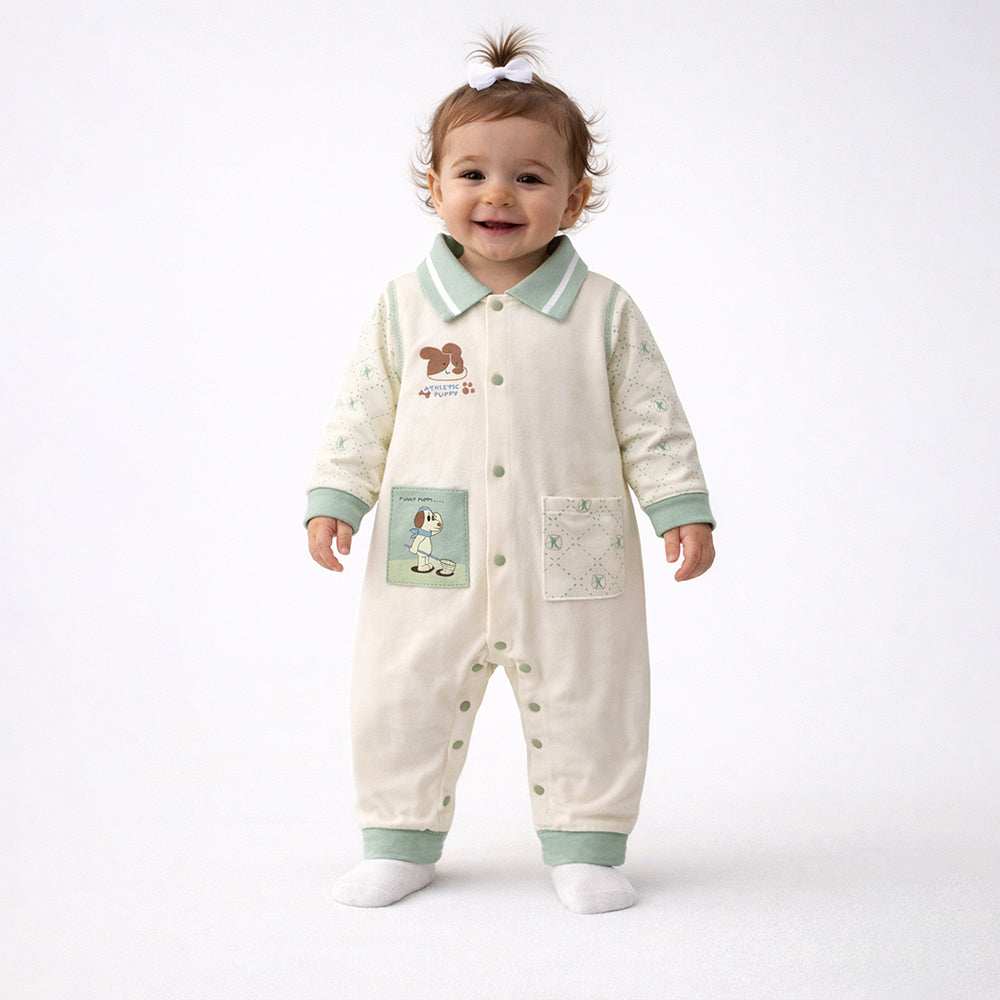 Mint Collar Puppy, Full Sleeves Jumpsuit Romper for Tiny Toddlers