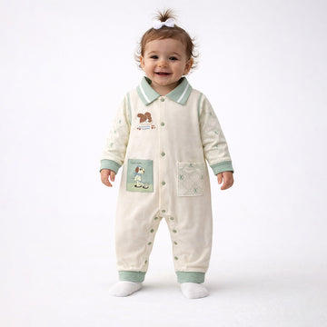 Mint Collar Puppy, Full Sleeves Jumpsuit Romper for Tiny Toddlers
