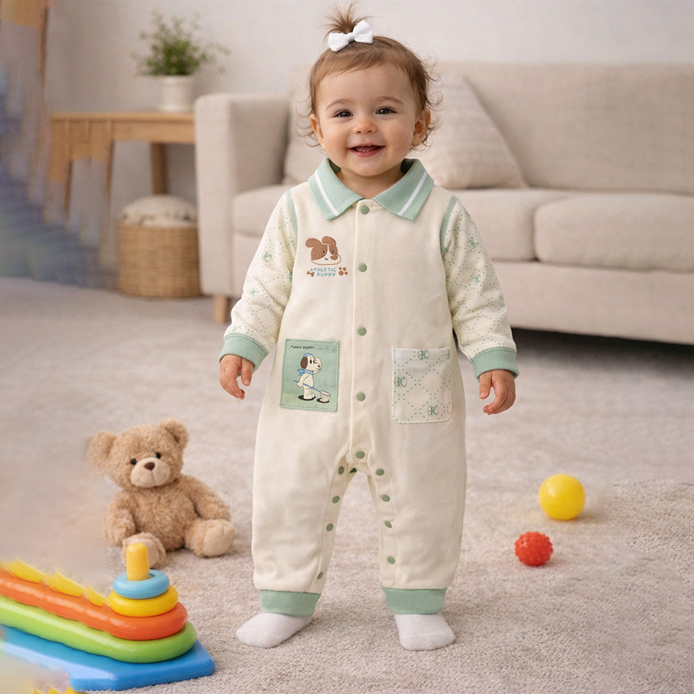 Mint Collar Puppy, Full Sleeves Jumpsuit Romper for Tiny Toddlers