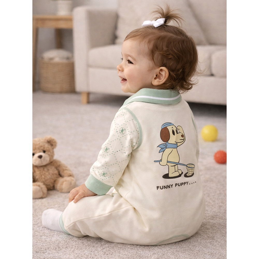Mint Collar Puppy, Full Sleeves Jumpsuit Romper for Tiny Toddlers
