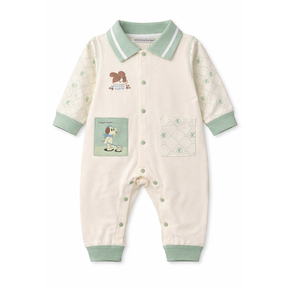 Mint Collar Puppy, Full Sleeves Jumpsuit Romper for Tiny Toddlers