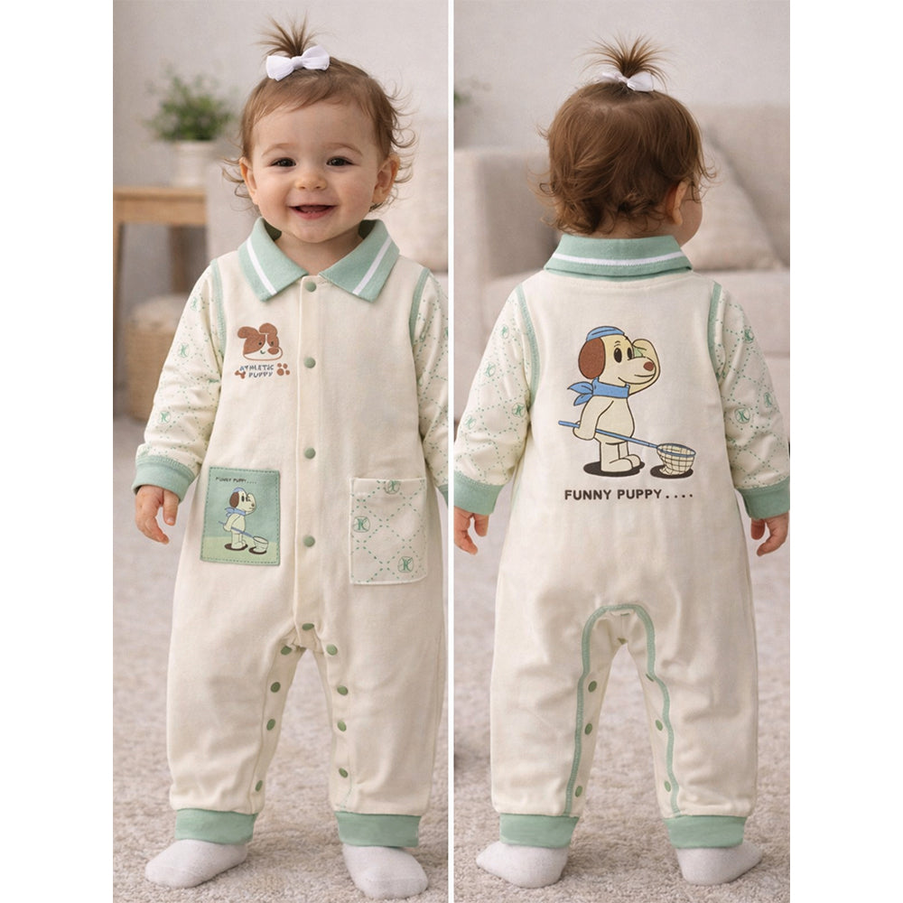 Mint Collar Puppy, Full Sleeves Jumpsuit Romper for Tiny Toddlers