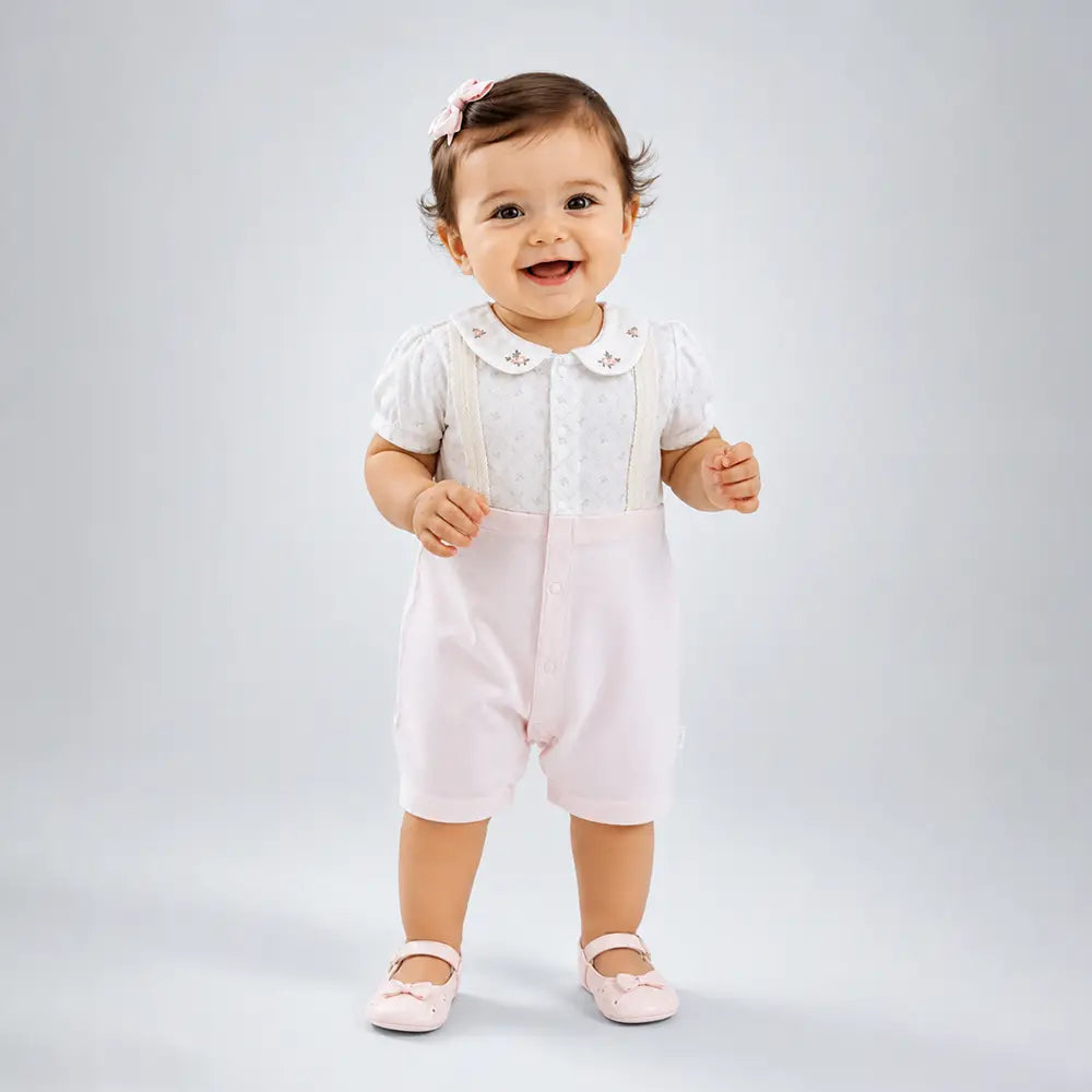 Pink Floral Collar Suspender-Style Romper for Tiny Toddlers