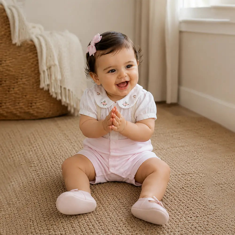 Pink Floral Collar Suspender-Style Romper for Tiny Toddlers