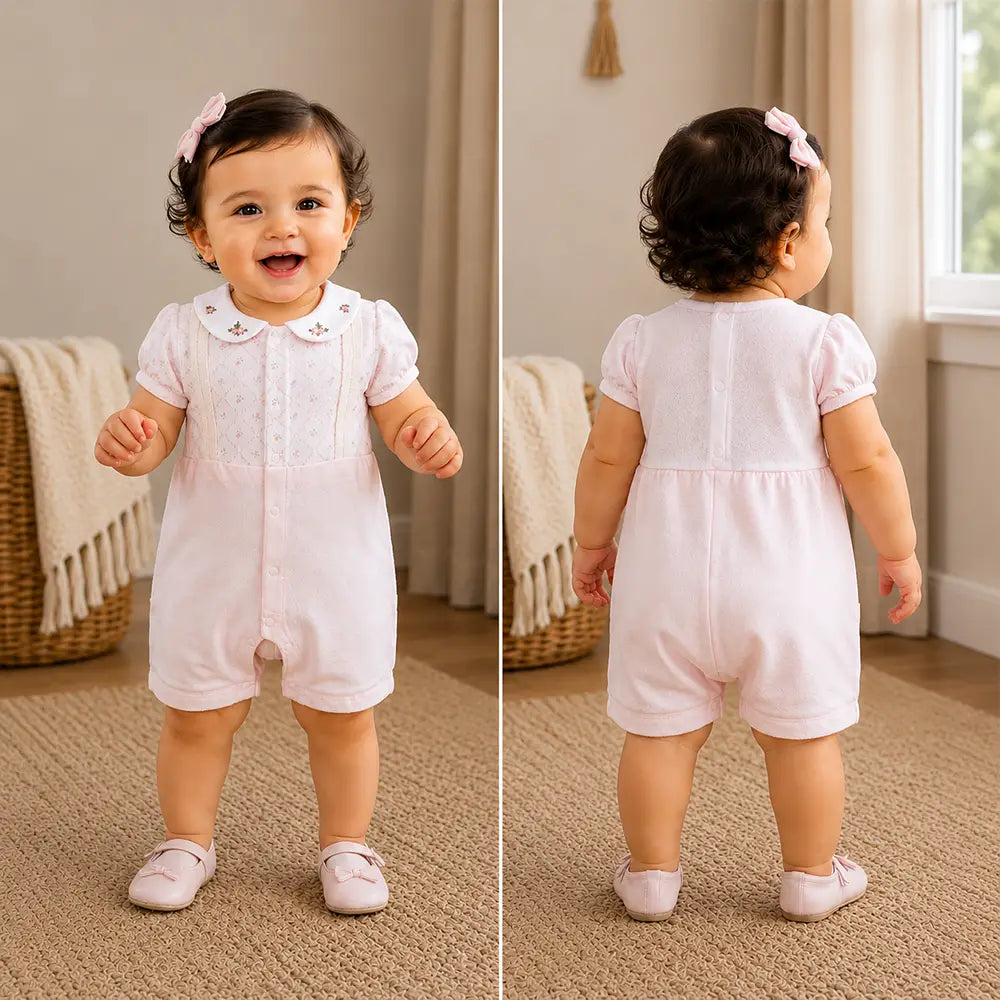Pink Floral Collar Suspender-Style Romper for Tiny Toddlers