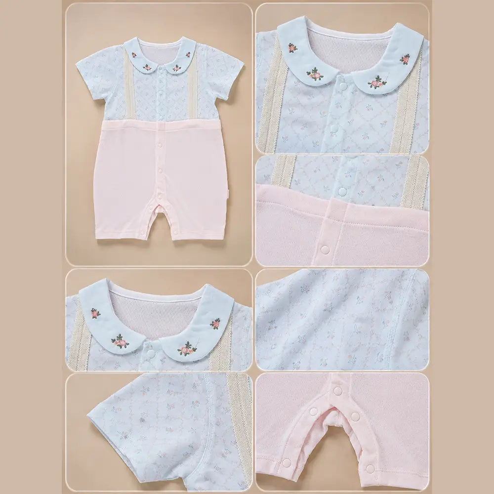 Pink Floral Collar Suspender-Style Romper for Tiny Toddlers