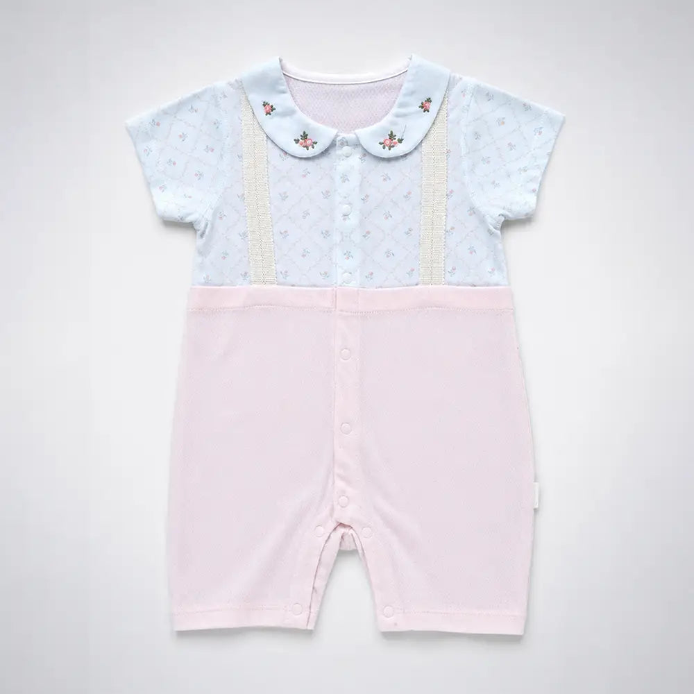 Pink Floral Collar Suspender-Style Romper for Tiny Toddlers