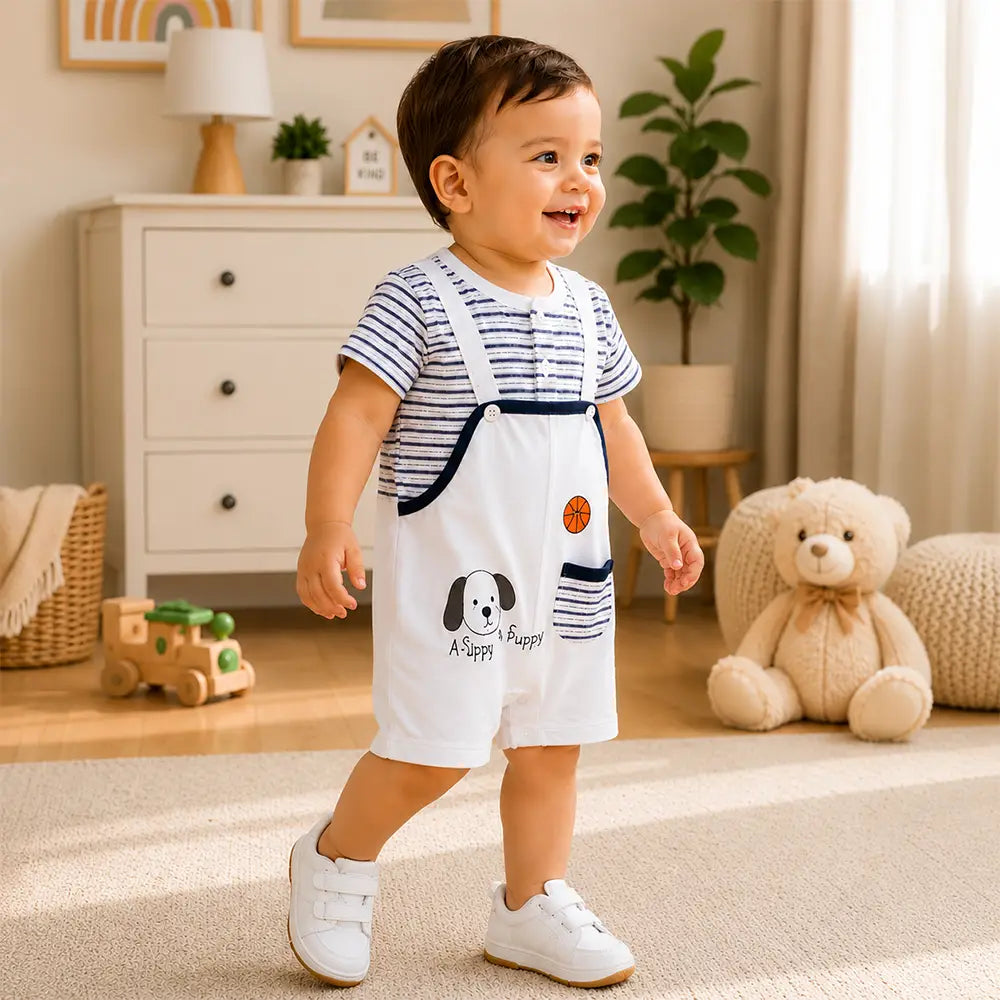 Puppy Basketball Suspender-Style Romper for Tiny Toddlers