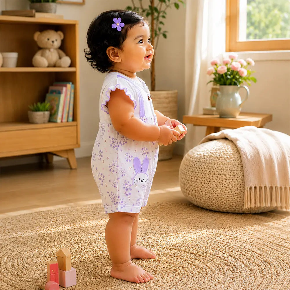 Purple Floral Bunny Suspender-Style Romper for Tiny Toddlers
