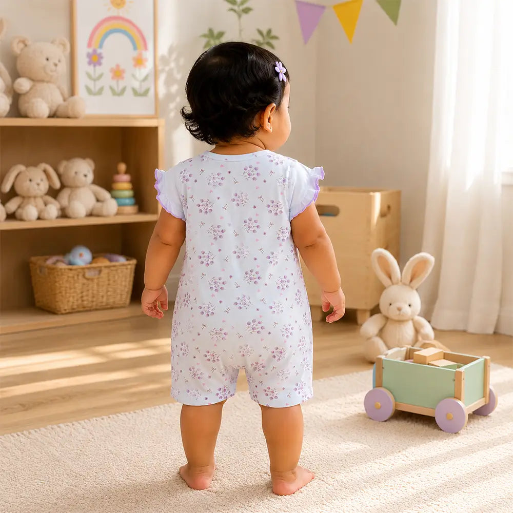 Purple Floral Bunny Suspender-Style Romper for Tiny Toddlers