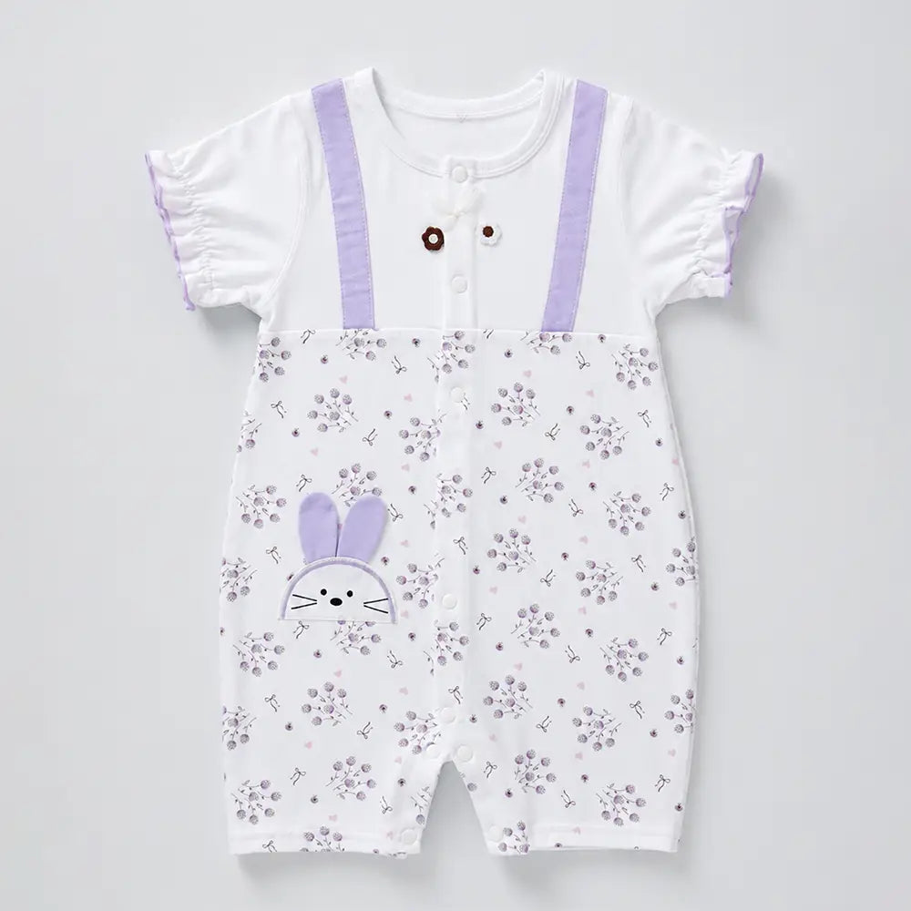 Purple Floral Bunny Suspender-Style Romper for Tiny Toddlers