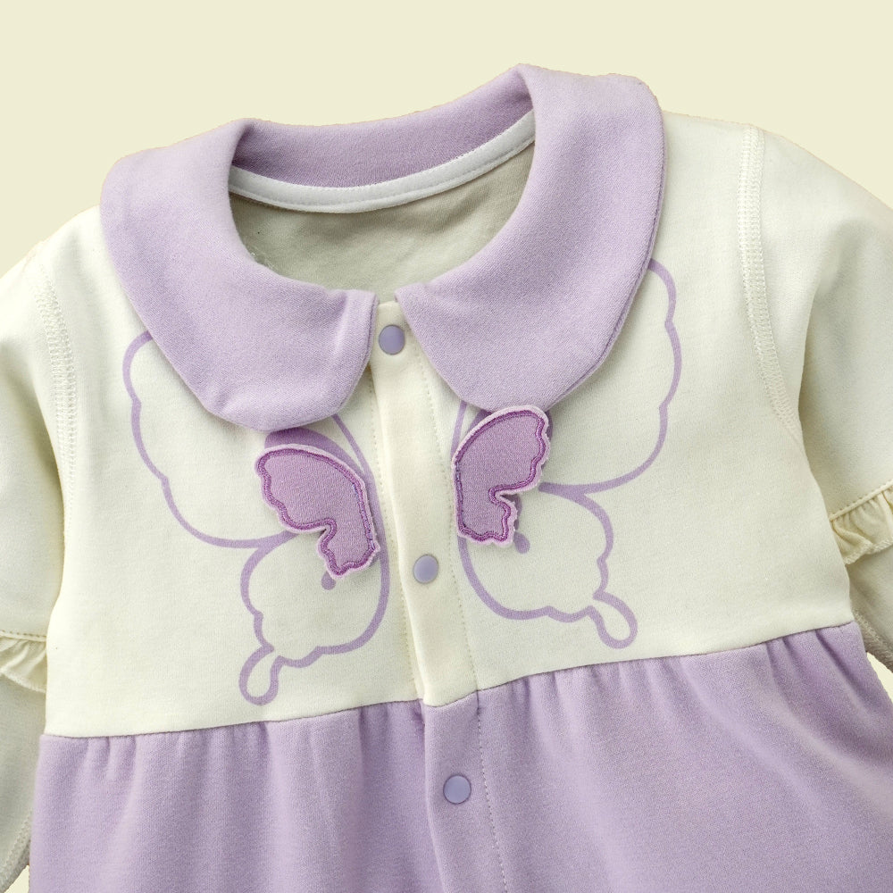 Purple & Cream  Butterfly full sleeves jumpsuit style Romper for Tiny Toddlers