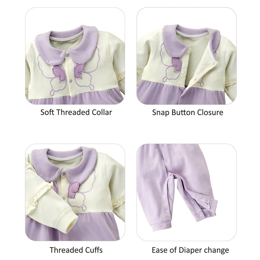 Purple & Cream  Butterfly full sleeves jumpsuit style Romper for Tiny Toddlers