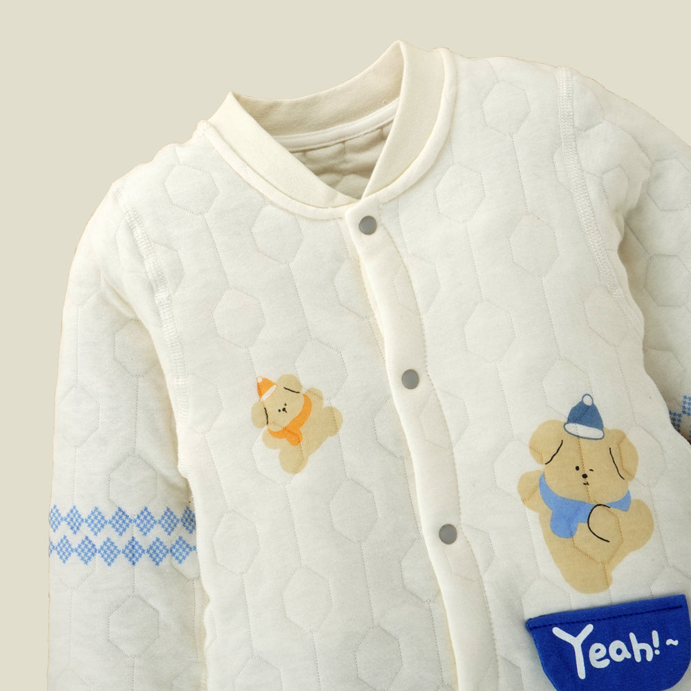 Quilted Cream & Blue Winterwear, full sleeves Romper for Tiny Toddlers