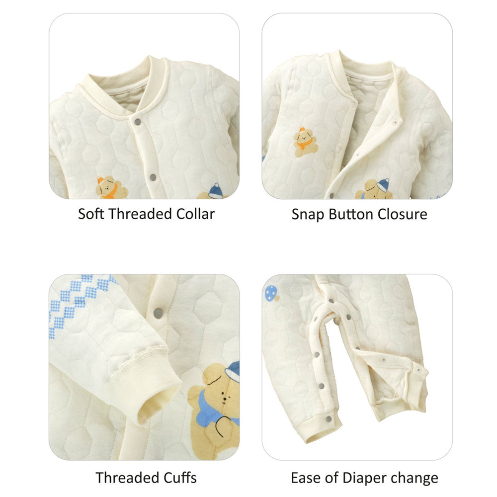 Quilted Cream & Blue Winterwear, full sleeves Romper for Tiny Toddlers