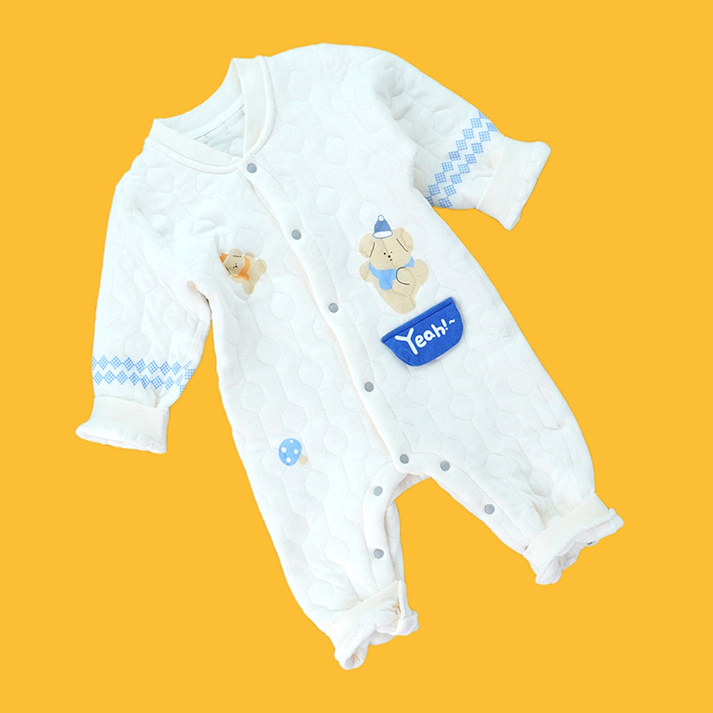 Quilted Cream & Blue Winterwear, full sleeves Romper for Tiny Toddlers