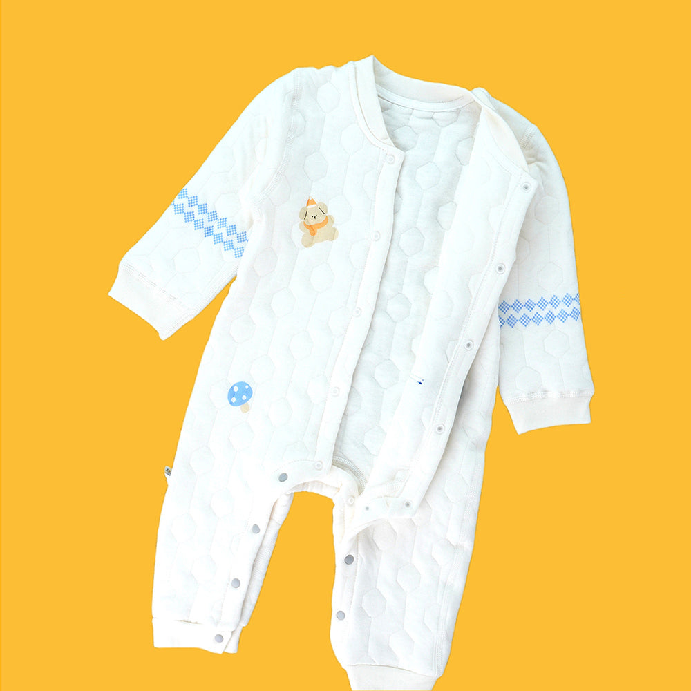 Quilted Cream & Blue Winterwear, full sleeves Romper for Tiny Toddlers