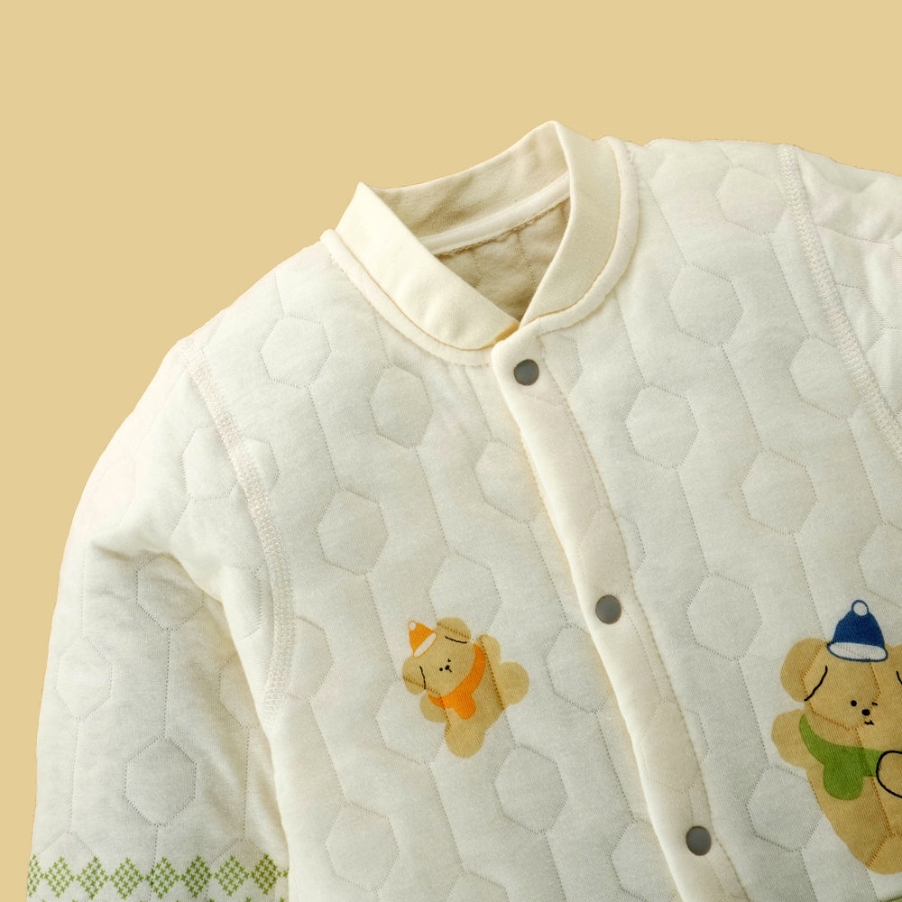 Quilted Cream & Green Winterwear, full sleeves Romper for Tiny Toddlers