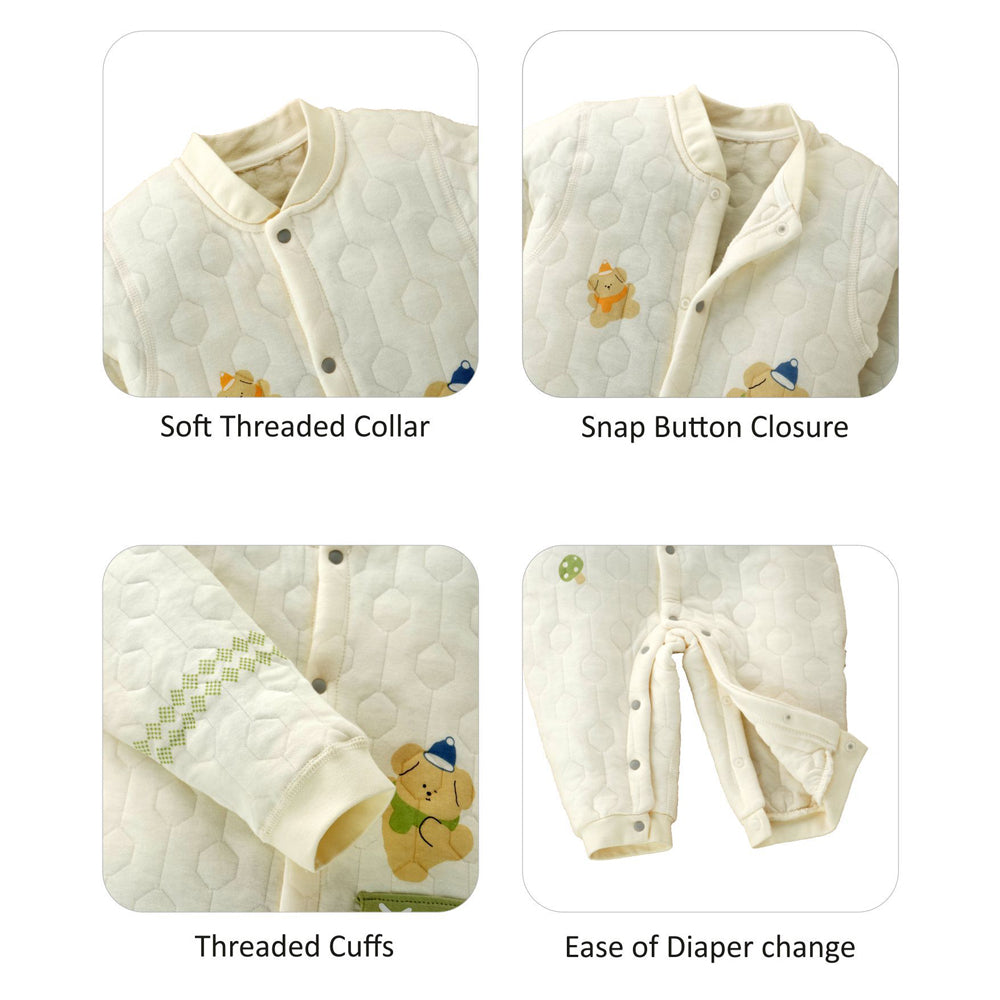 Quilted Cream & Green Winterwear, full sleeves Romper for Tiny Toddlers