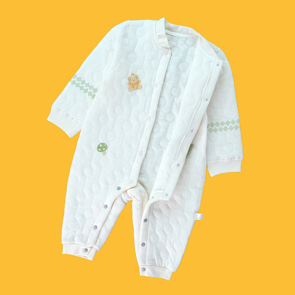 Quilted Cream & Green Winterwear, full sleeves Romper for Tiny Toddlers