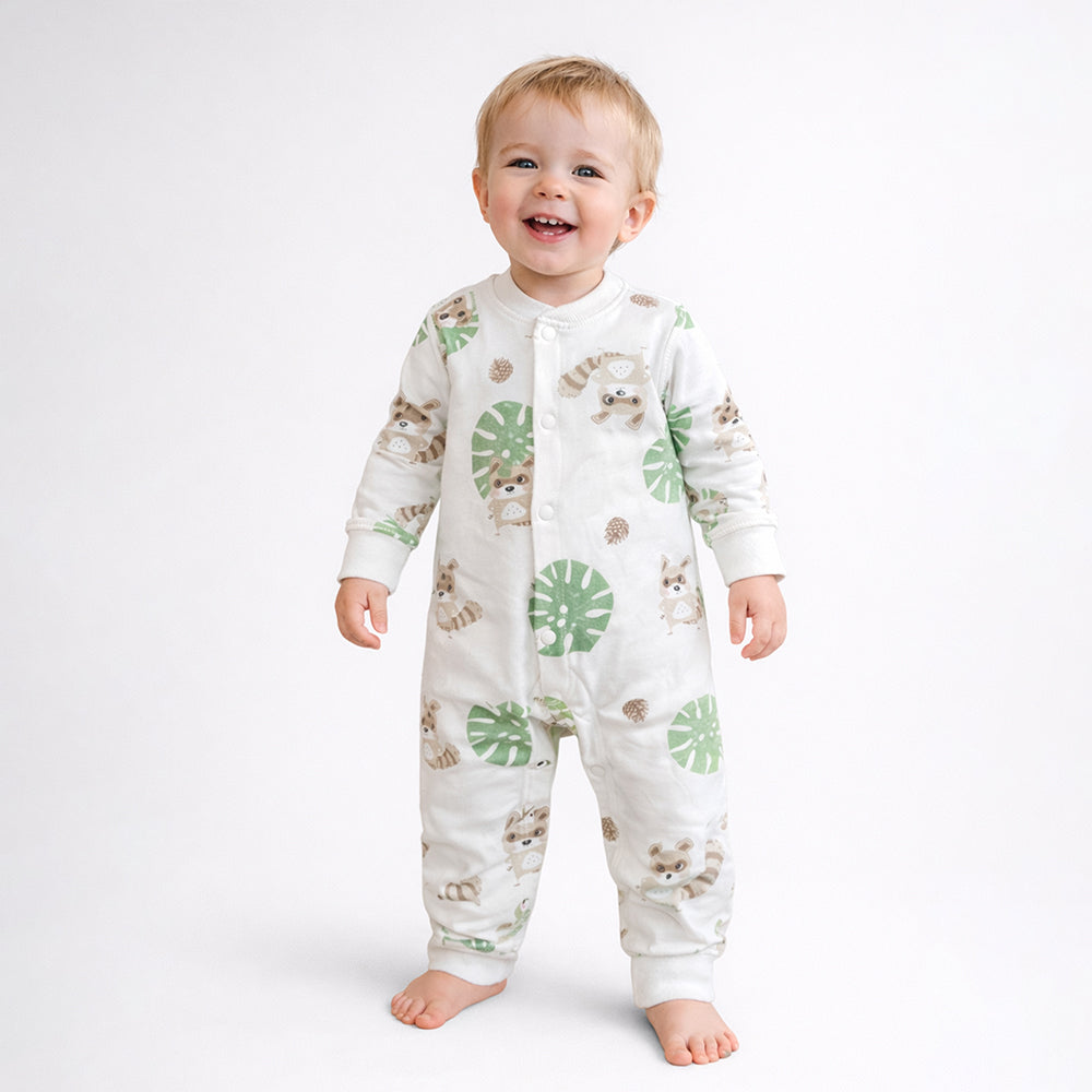 Cute Racoon & Palm Leaf, Full Sleeves Jumpsuit Romper for Tiny Toddlers