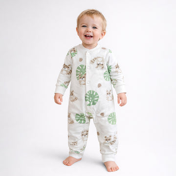 Cute Racoon & Palm Leaf, Full Sleeves Jumpsuit Romper for Tiny Toddlers
